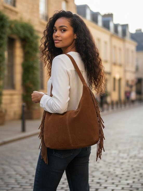 Haute Hippie Bohemian Festive Fringe Cognac Genuine Suede Hobo Bag/Purse - Picture 2 of 7